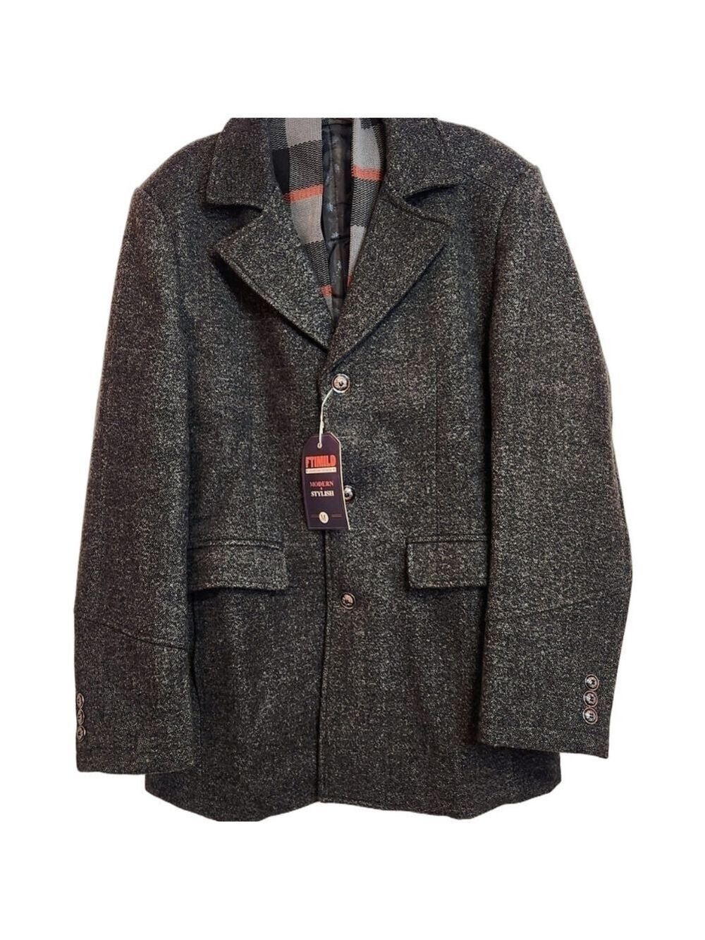 Amazon Wool Blend Plaid Scarf Trench Coat Grey Medium - Picture 3 of 10